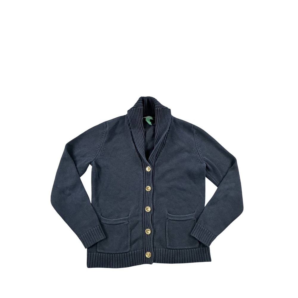 Lauren Ralph Lauren Navy Blue Shawl Collar Cotton Cardigan Sweater Gold Buttons